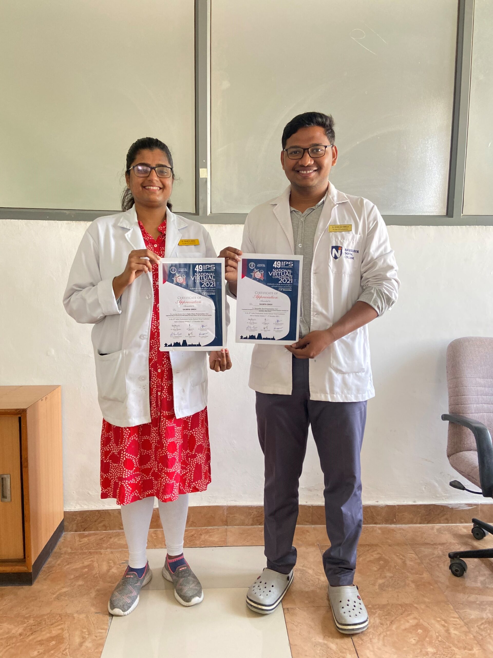 The post graduate student of dept of prosthodontics from Navodaya dental college have been awarded best table clinic at Indian prosthodontic society conference