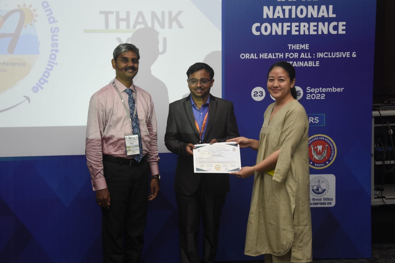 Best Research Paper awarded to Dr. PRITAM CHATTERJEE, 3rd Year MDS – 26th IAPHD National Conference Goa 2022