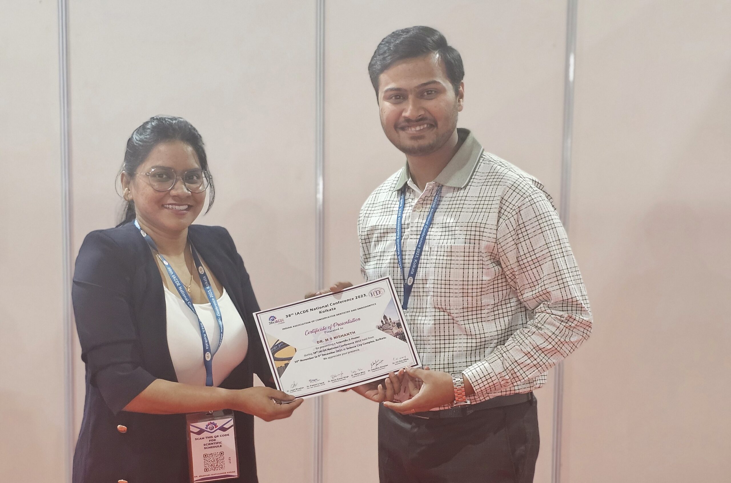 Dr MS Nishanth for Securing 1st position in Scientific Poster Presentation at 38th IACDE conference was held in Kolkata from 30th November to 3rd December 2023.