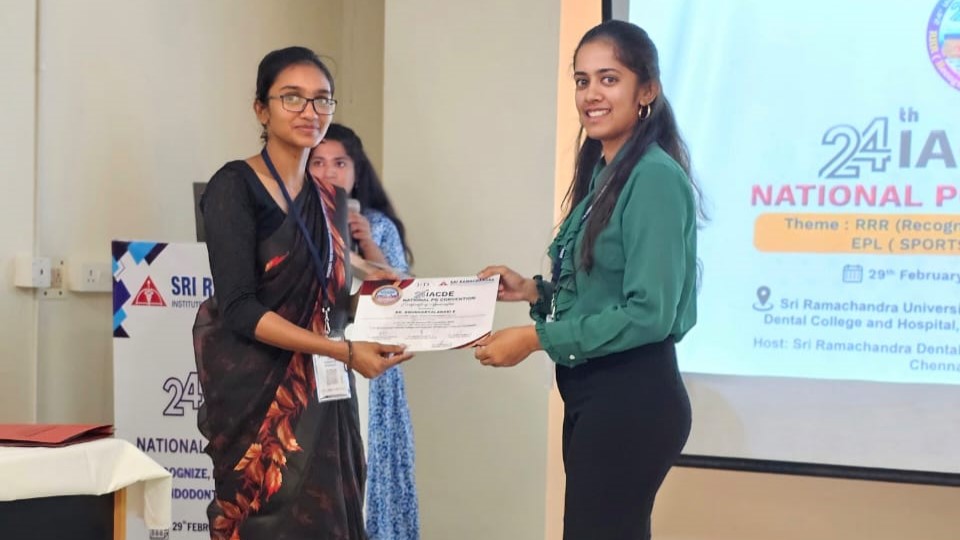 Certificate of Appreciation Awarded to  Dr SOUNDARYA LAHARI E  for presenting the Session’s Best Paper / Poster at the 24 IACDE National PG Convention 2024.