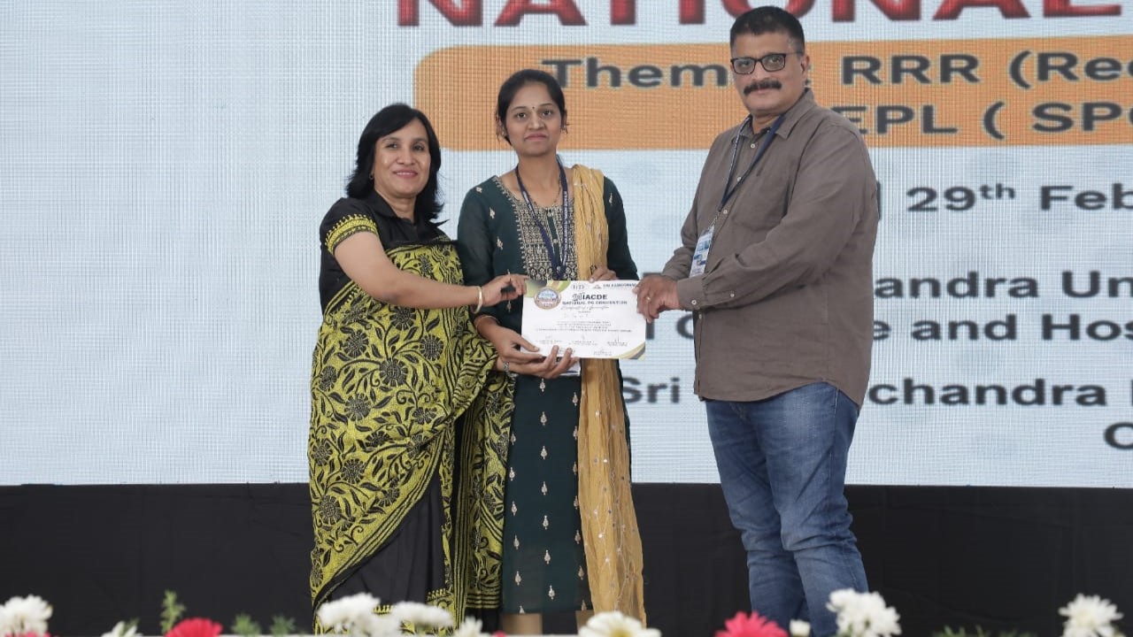 Certificate of Appreciation Awarded to  Dr SHILPA EV  for presenting the Session’s Best Paper / Poster at the 24 IACDE National PG Convention 2024.